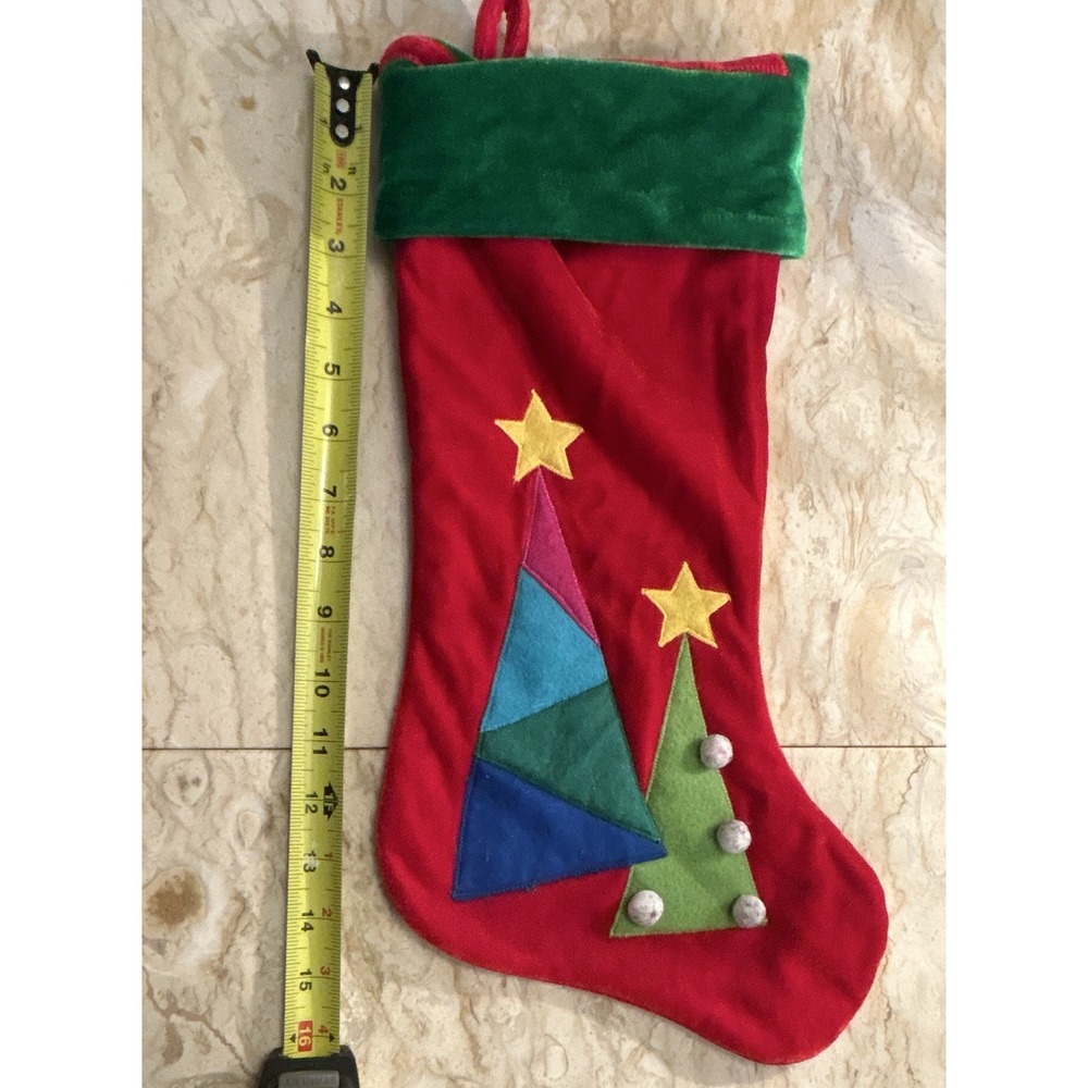 Christmas Stocking Red/Green Fabric Applique Tree & Stars Hanging Loop 16 in